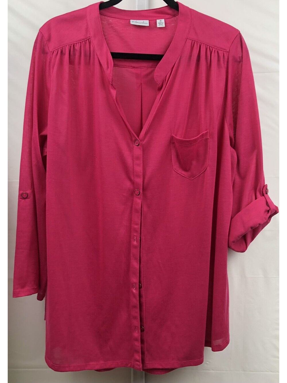 Kim Rogers Top Women 1X Pink Stretch Pleated Button Up Mock Neck Roll Tab Blouse